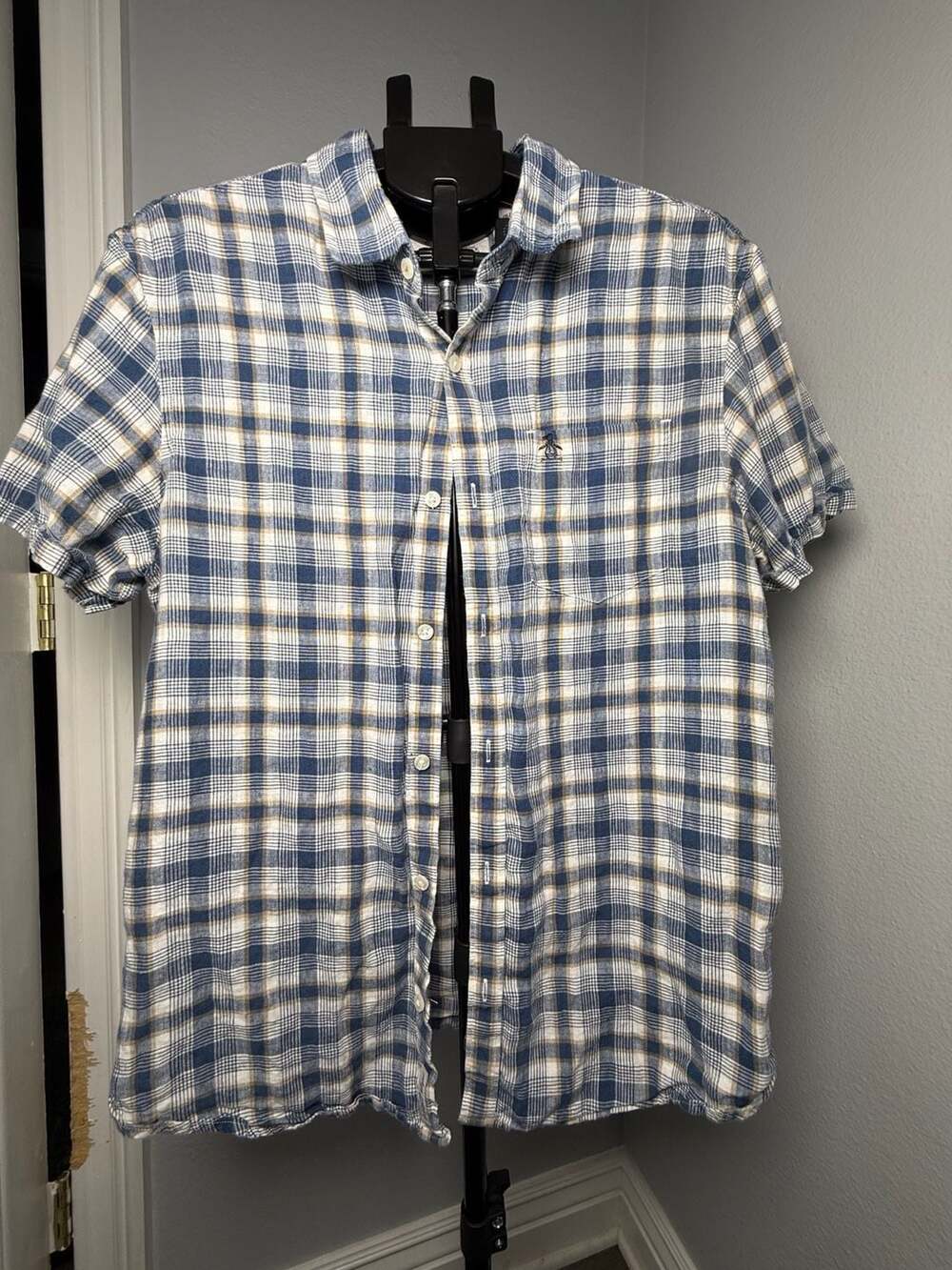 Original Penguin Short Sleeve Button Down Plaid Shirt Size L Blue